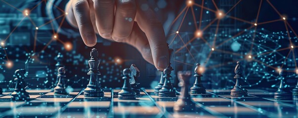 Poster - Strategizing for business success: hand moving chess piece on network grid chessboard