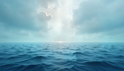 Wall Mural - vast ocean expanse under cloudy sky. soft light illuminates gentle waves. peaceful, tranquil scene. 