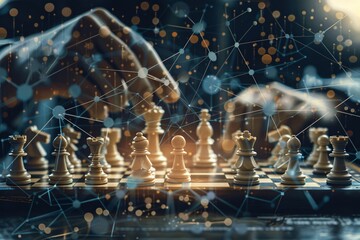 Poster - Businessman playing chess on glowing networked chessboard, strategizing for business plan and marketing