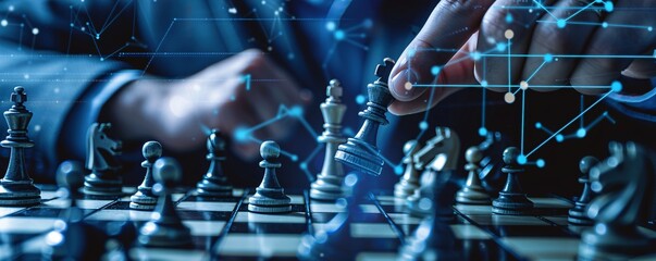 Leinwandbilder - Businessman playing chess using strategy for business concept with a network technology effect
