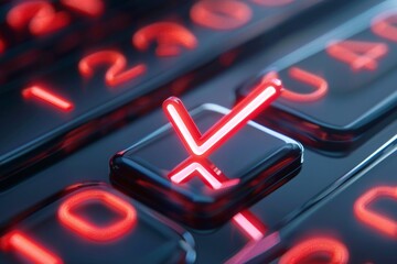 Aufkleber - Bright red neon check mark glows on a dark keyboard