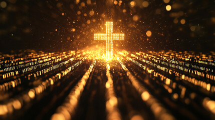 Glowing golden cross made of digital binary code in a futuristic illuminated landscape, representing faith, technology, and the intersection of spirituality and innovation