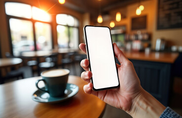 Poster - Person holds smartphone with blank screen in coffee shop. Empty display ready for branding advertising. Modern cafe interior with blurred background. Casual tech use in public space. Contemporary