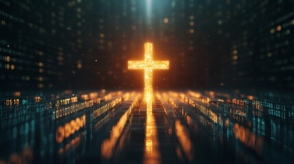 Bright golden glowing cross in a futuristic digital landscape surrounded by binary codes and illuminated patterns, symbolizing faith, technology, and innovation