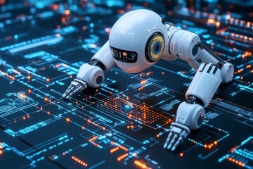 Poster - Robot interacts with digital interface in futuristic technology environment at night
