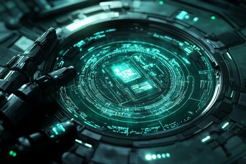 Aufkleber - Futuristic technology interface with glowing circuits and robotic hand interacting at night