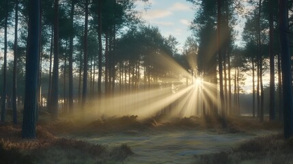 Wall Mural - Magical Sunrise Rays in Misty Pine Forest