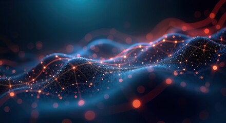 Poster - Abstract illustration shows data flow. Dynamic network of connected points, lines creates futuristic tech graphic. Interconnected data points form wave pattern. Vibrant orange light pulses along