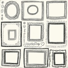 Wall Mural - Hand-drawn doodle photo frames. Square and oval picture frames, scrapbook scribble journaling borders, retro sketch