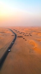 Wall Mural - Aerial View of Dubai Desert with Camel Caravans and Scenic Landscape