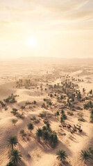 Wall Mural - Aerial View of the Vast Dubai Desert with Camel Caravans at Sunset