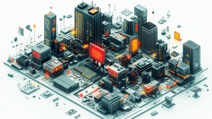 Wall Mural - Futuristic cityscape with illuminated buildings and digital displays, showcasing urban life