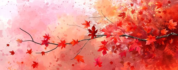 Poster - Artistic fall scene with autumn maple leaves falling onto a warm red watercolor background
