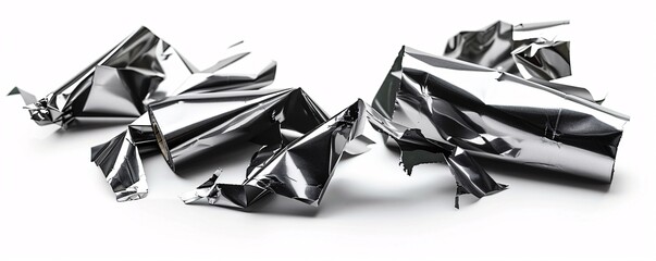 Aufkleber - Glistening crumpled aluminum foil fragments resting on a white surface