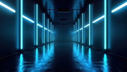 Poster - Empty dark hall bathed in vibrant blue neon light. Blue light reflects on glossy floor creating ethereal effect. Futuristic design highlighted by glowing neon tubes run horizontally on dark walls. 3d