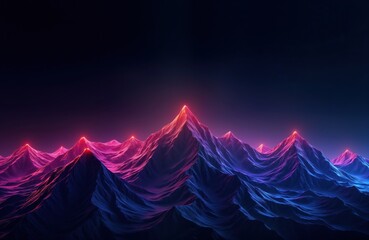 Fototapete - Neon glow illuminates abstract mountains in futuristic landscape. Dynamic shapes, vibrant colors create striking tech-inspired design. Wavy lines, three-dimensional effect give impression of motion,