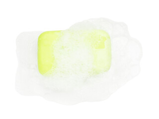 Green soap with foam on white background, top view