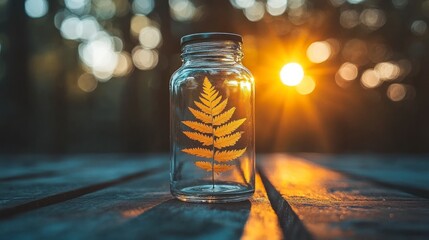 Sticker - Glass jar with fern silhouette against sunset glow