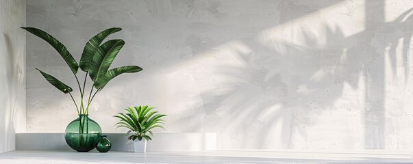 Aufkleber - Minimalist interior design featuring green plants casting shadows on a white wall, bathed in natural light