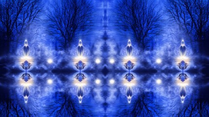 Wall Mural - mystical night scene, abstract blue forest reflection with glowing lights