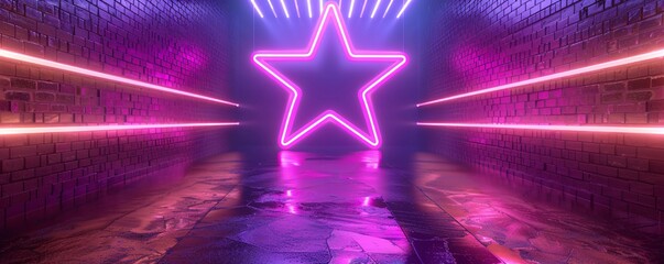 Poster - Neon star shining brightly in a gritty urban alley with wet pavement at night