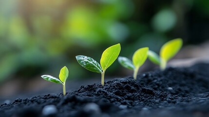 close up of small green plants sprouting from the soil, blurry background, growth and change concept