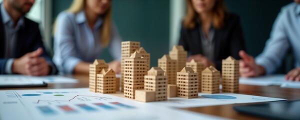 real estate developers meet around table. city models on paper with charts. strategy discussion. urb