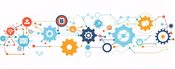 Poster - Modern flat design template with connecting gears illustrating business communication and technology teamwork concept