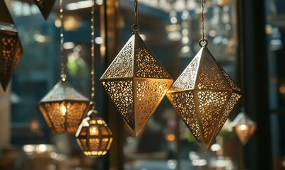 Poster - Hanging, ornate, metal lamps glowing with warm light.