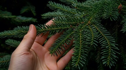 Wall Mural - Hand Touching Lush Green Pine Tree Branch Nature Closeup