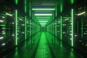 Fototapete - Server room corridor with futuristic green neon lights and server racks, leading into darkness