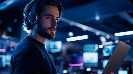 Portrait of a software developer wearing headphones and holding a laptop, standing confidently in a modern tech office