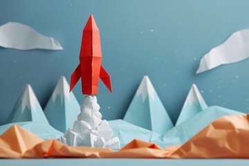 Poster - Red paper rocket launching from snowy mountain peak through clouds over paper landscape