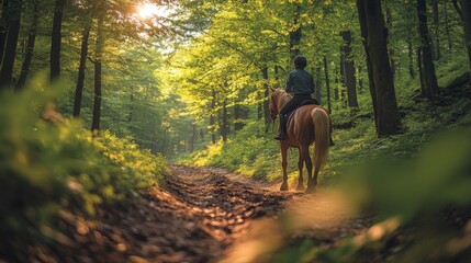Aufkleber - A person on horseback traverses a tranquil forest path, illuminated by soft sunlight filtering through the lush canopy, creating a serene atmosphere in nature.