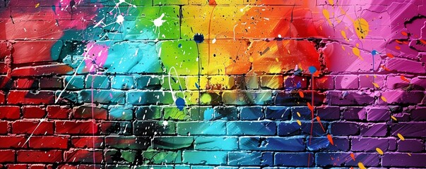 Aufkleber - Vibrant artistic splashes adorn a brick wall, forming an abstract pattern