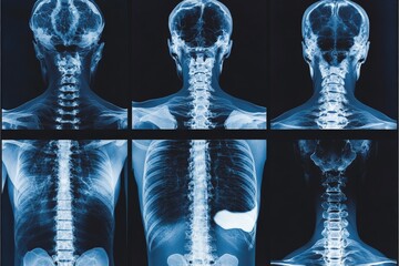 Poster - Detailed anatomical x-rays of human spine and skull illustrating vertebrae and health conditions