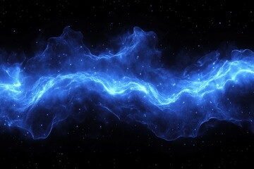 Poster - Dynamic blue energy wave flowing through a dark cosmic space filled with stars and mystery