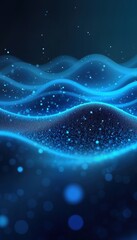 Fototapete - Abstract blue waves with floating particles create fluid motion, tech design. Smooth flowing pattern with glowing lights. Dynamic background, serene, peaceful. Digital artwork concept for futuristic