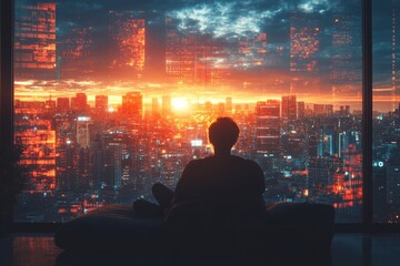 Aufkleber - City sunset captures a person reflecting through a large window overlooking a vibrant urban skyline