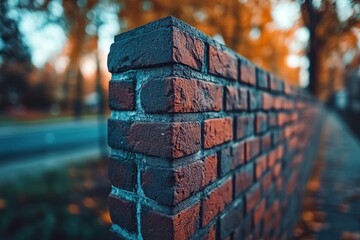 Brick wall corner, autumn park background, urban design, website banner
