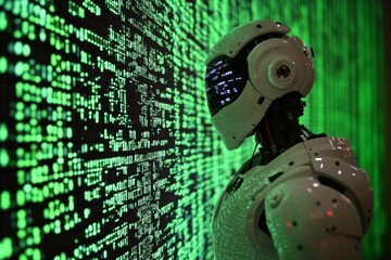 Leinwandbilder - Robot interacts with digital data on a glowing green wall in a futuristic environment