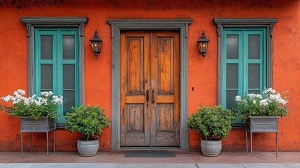  Vibrant Orange House with Teal Windows and Wooden Door