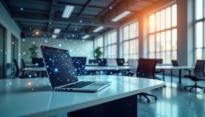 Poster - Modern office space with laptops on desks. Digital graphic network overlay suggests tech connections. Business tech setting. Light streams through large windows. Possible time of day late afternoon