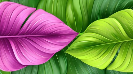 Wall Mural - Discover a vibrant illustration of lush banana and palm leaves in rich purple and green, adding luxe flair to any space.