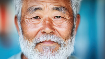 Wall Mural - A closeup of an elderly man showcases his wise eyes and distinct, graying beard, with soft, blurred surroundings.