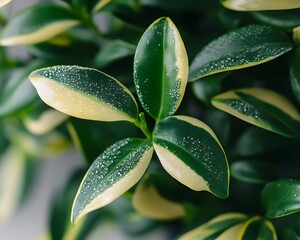 Wall Mural - Closeup Dewy Green Yellow Variegated Plant Leaves