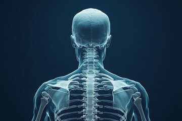 Poster - Detailed view of human skeleton showcasing spine and skull alignment in a dark background