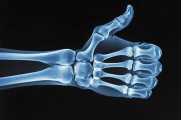 Poster - X-ray of a human hand displaying a thumbs-up gesture against a black background