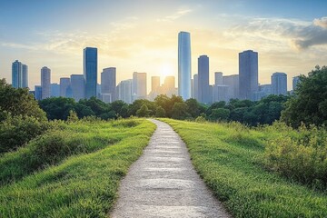 Poster - Sunrise over a city skyline with a path surrounded by greenery and urban landscape