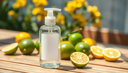 Wall Mural - Transparent pump bottle mockup with soft pastel colors, blank white rectangular label. The bottle is placed on a wooden table in sunlight, surrounded by lemons and limes.